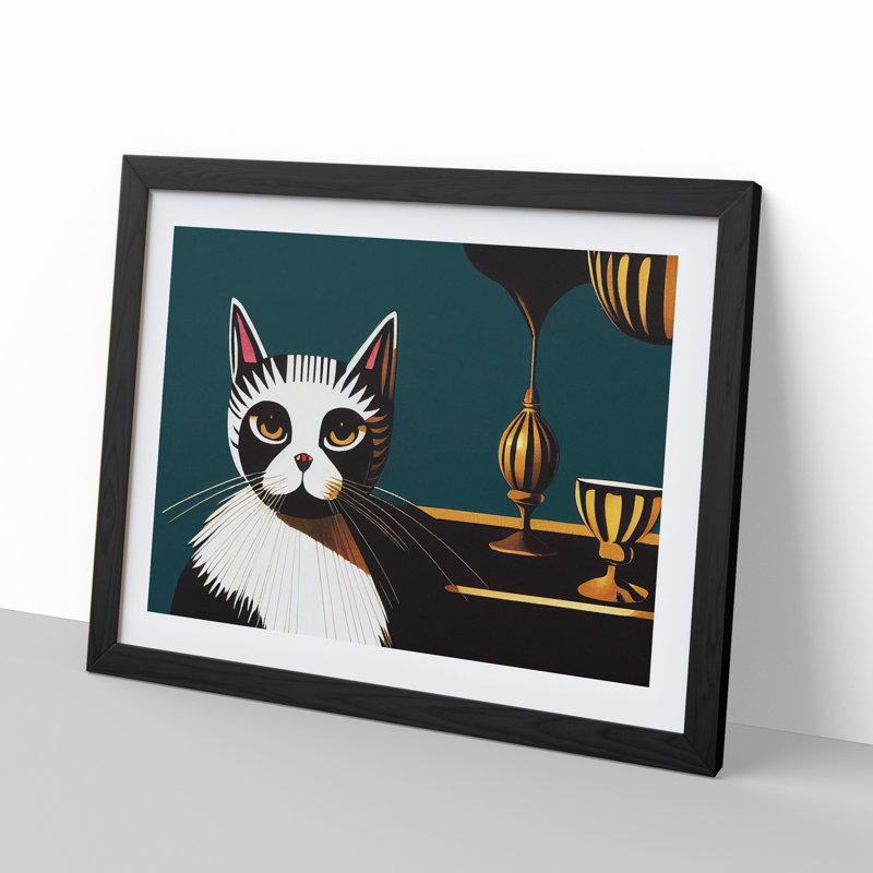 Sitting Cat Abstract - Framed Print, 34cm H x 46cm W x 2cm D, Black