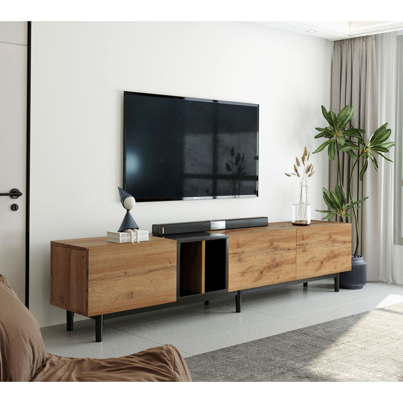 Blagden Modern TV Stand for 80'' TV with 3 Doors Media Console Table Entertainment Center with Storage Cabinet, Natural Wood