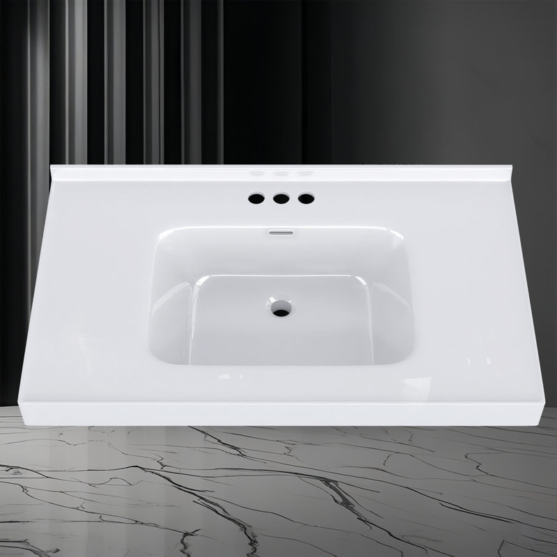 37 Inch Solid Surface Bathroom Vanity Top with Integrated Sink, 3" Thick Countertop, Raised Edge & 1.38" Backsplash, Waterproof & Easy Install