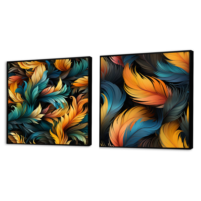 Plume orange et sarcelle, ensemble de 2 oiseaux carrés, Cadre flottant noir, H 16 po x l 33 po