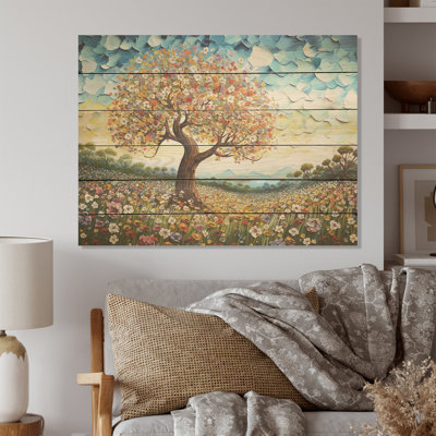 Multicolore célèbre arbre de l'amour I - champ de fleurs, art mural sur bois de pin naturel