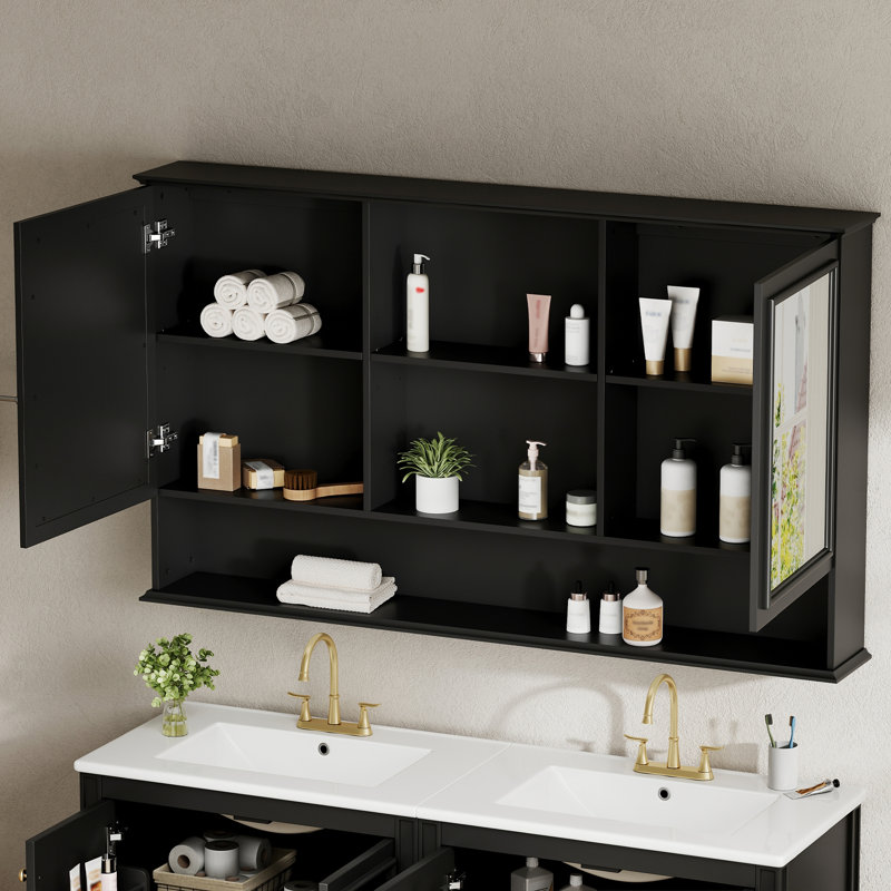 Armoire à pharmacie murale 60 po avec portes à double miroir, tablettes réglables, rangement ouvert, charnières à fermeture en douceur 60 po