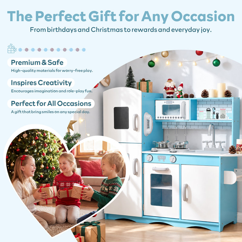 Wooden Kids Play Kitchen, Toy Kitchen Playset for Toddler, Pretend Oven, Microwave, Realistic Kitchen Sets for Boys Girls Age 3+