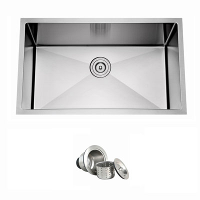 Évier de cuisine Blenzia à cuve unique, encastré sous plan, en acier inoxydable de calibre 16, fabriqué à la main, avec crépine, 68,6 cm x 45,7 cm x 22,9 cm