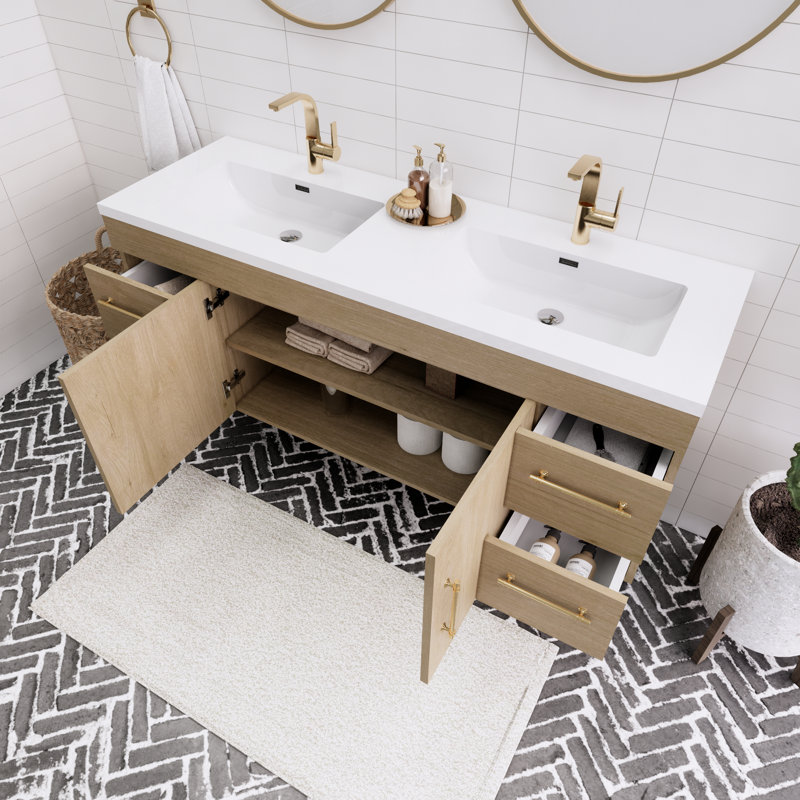 Ensemble de meuble-lavabo double 60 po Tenshi, Chêne blanc