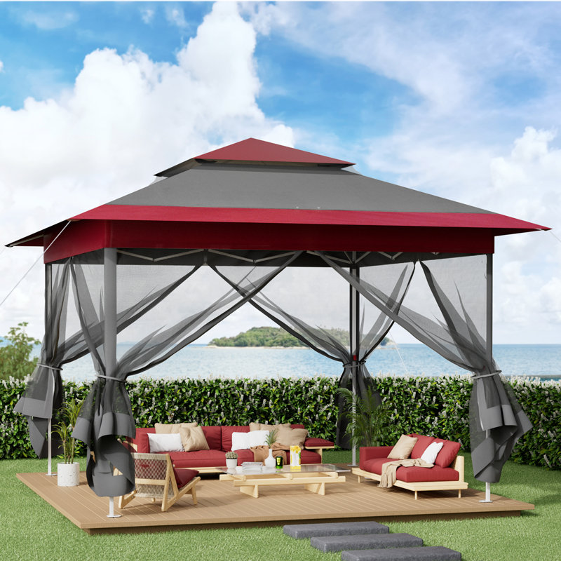 Pop Up Gazebo, Outdoor Instant Canopy Tent W/4 Netting Sidewall & Auto Extending Eave, Patio Gazebos Shelter W/Mesh Wall, Center Lock, Wheeled Bag For Garden, Yard, Party, Deck