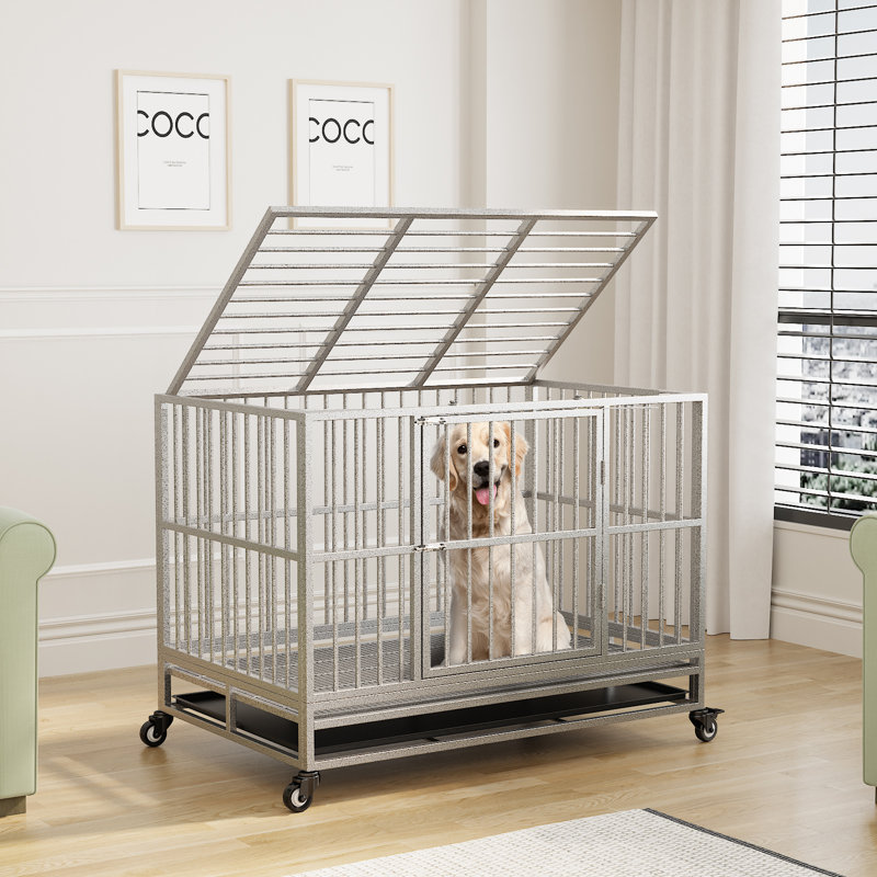 45.7W Rolling Dog Cage With Pull-Out Trays, Silver