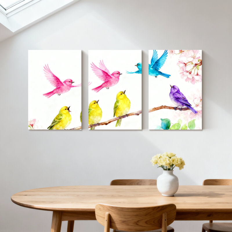 Oiseaux colorés sur une branche avec des fleurs, ensemble de 3 impressions sur toile, H 18 po x l 36 po