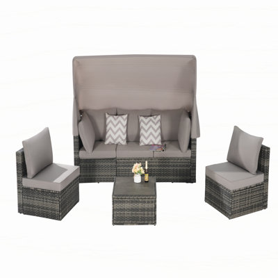5 Pieces Outdoor Patio Wicker Daybed Furniture Set with Retractable Canopy, Storable Side Table, and Soft Cushions for Relaxing in Your Backyard or Porch