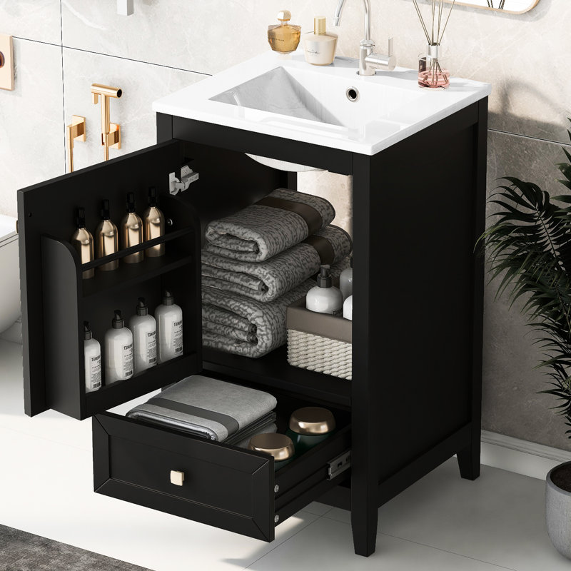 Armoire de salle de bain 20 po - Noir, lavabo en céramique, charnières peintes en acier inoxydable faciles à assembler, rangement