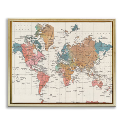 Art mural détaillé encadré doré sur toile carte du monde détaillée par Elizabeth Medley