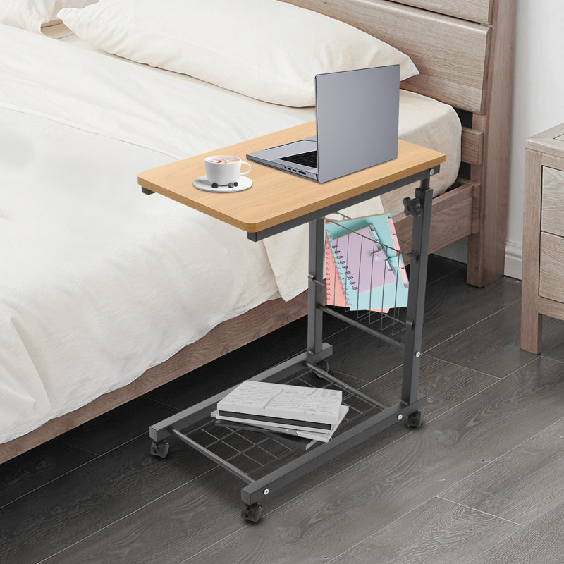 Bed Side Table Standalone Table Height Adjustable Side Table With Wheels, Teak;Black