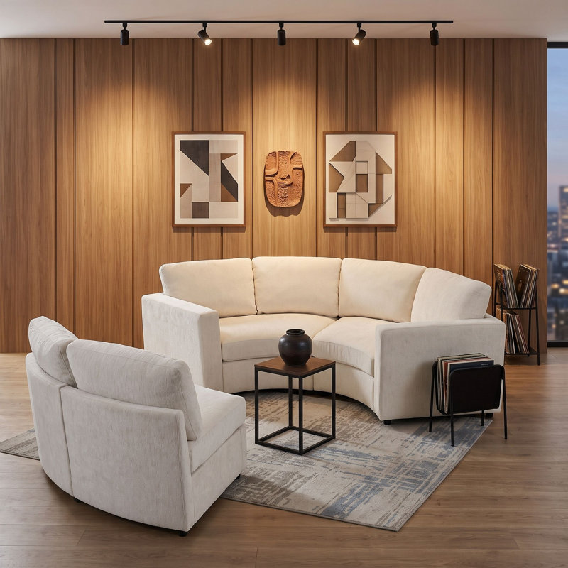 Canapé modulaire semi-circulaire modulaire en chenille 3 places avec assise profonde, coussins amovibles, Beige
