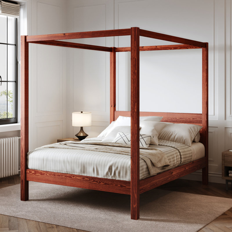 Lit à baldaquin Rochester, Lit double, Bois rouge