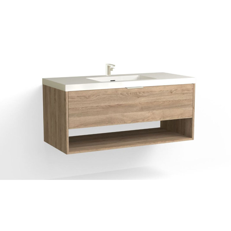 Modo 48" W Wall Mounted Single Bathroom Vanity, Glossy White/Single, Matte Black, White Acrylic