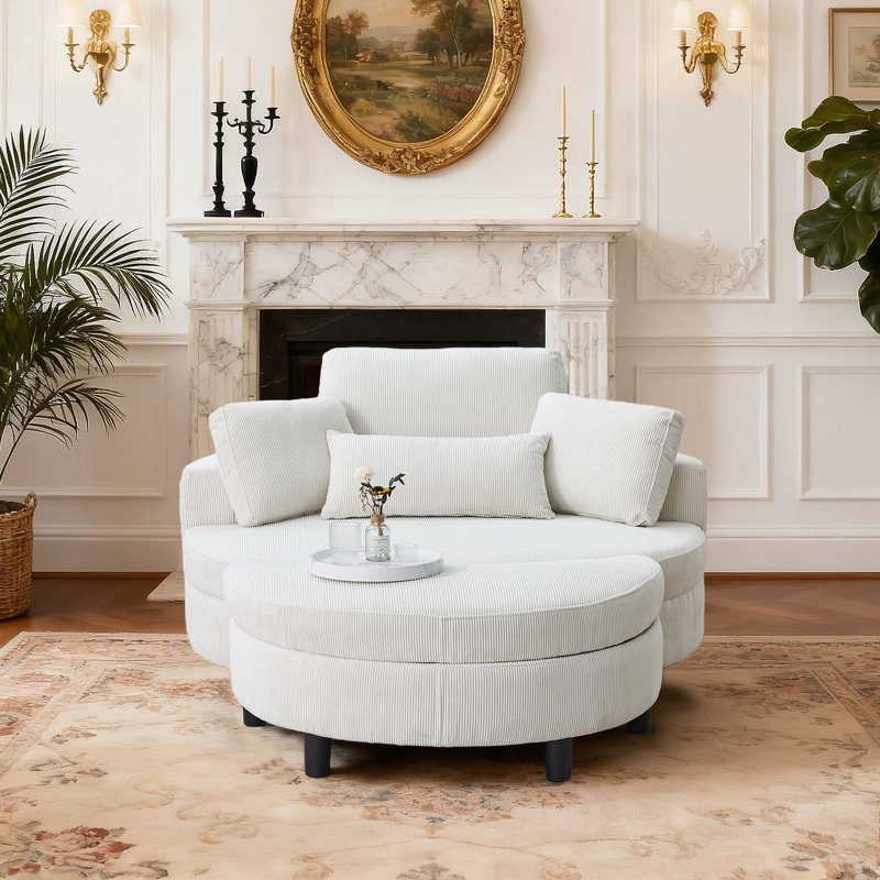 51 Inch Round Modular Accent Sofa With Storage Ottoman & Tray, Beige Corduroy Upholstered Couch For Elegant Classic Living Room