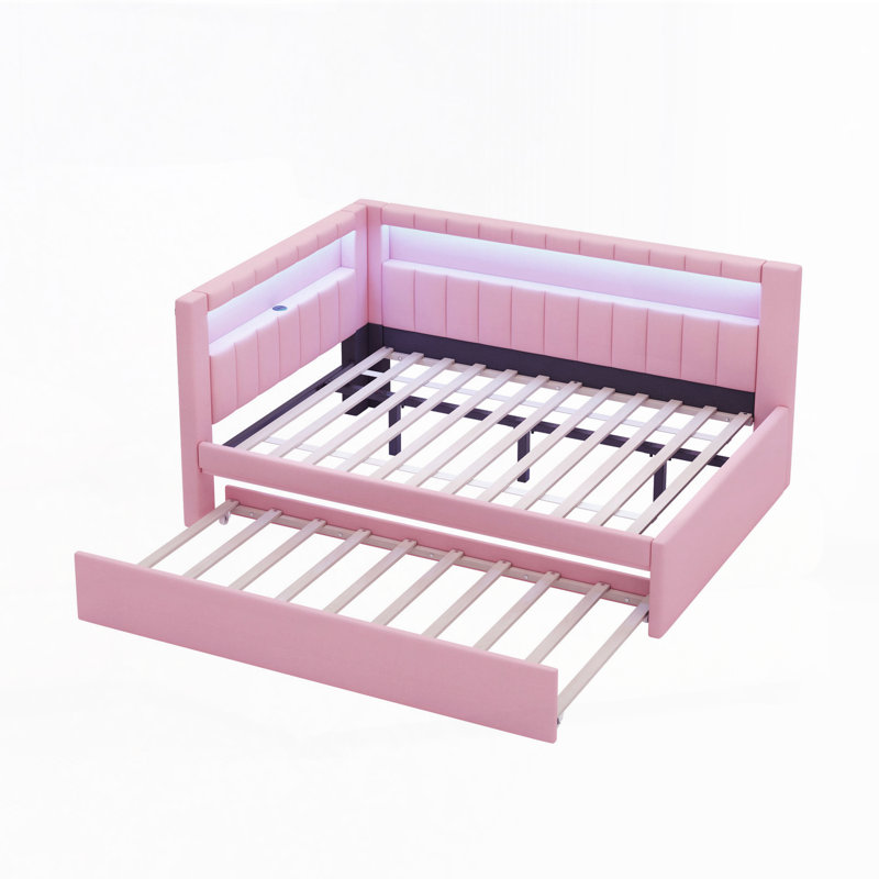 Lit plateforme tapissier avec ports USB, lit gigogne et ceinture à DEL, Rose
