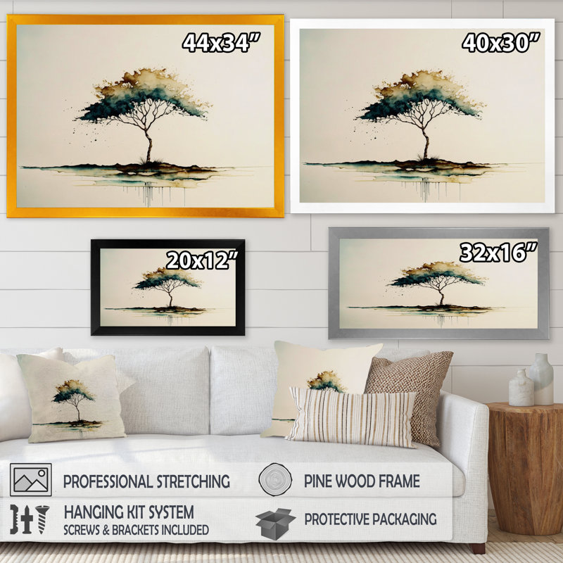 «Lonely Green Watercolor Tree II», reproduction sur toile, Cadre photo noir, H 12 po x l 20 po x P 1 po