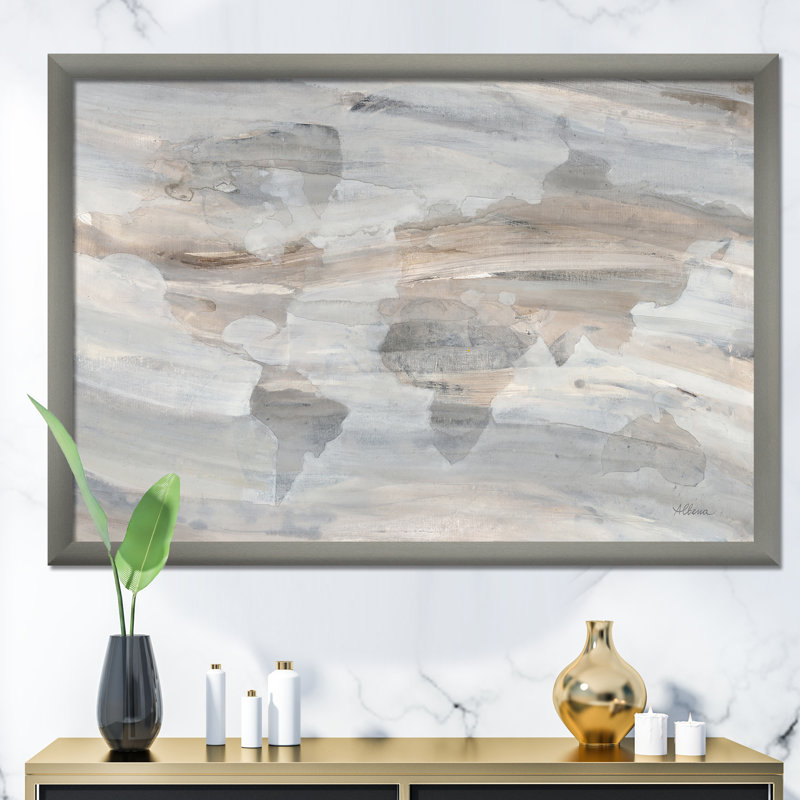 « misty world map », reproduction d’image sur toile, H 20 po x l 20 po x P 1 po, Cadre argenté