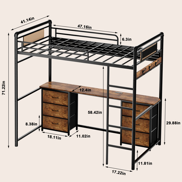 Harriet Bee Twin Size Metal Loft Bed with 6 Storage Drawers, LED ...