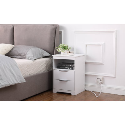 Table de chevet avec station de charge, table de bout à 2 tiroirs, table de bout en bois avec tiroir et tablette d'ouverture, table d'appoint pour chambre à coucher
