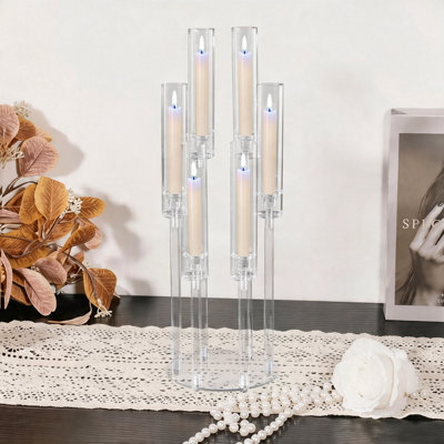 Acrylic Candelabra Centerpiece With Acrylic Shade, 6 Arm Clear Candle Holder Round Base, Elegant Home Decor