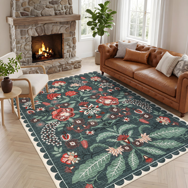 Botanical Floral Washable Rug for Living Room Non Slip Indoor Soft Low Pile Non-Shedding Carpet for Bedroom Nursery Playroom