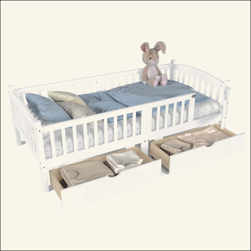 Lit plateforme avec garde-corps pleine longueur, lit plateforme pour enfants avec tiroirs de rangement, tête de lit enfantine et mignonne