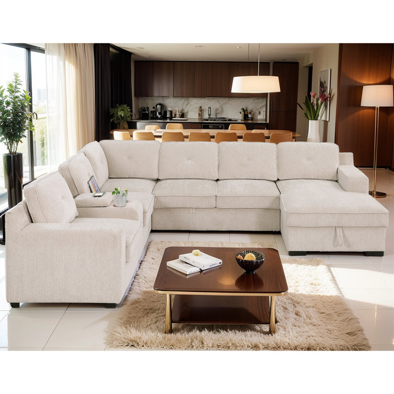 120" U-shaped Chenille sectional sofa with side table USB A/Typc C Pull out Sleeper Sofa with Storage Chaise, Beige Chenille