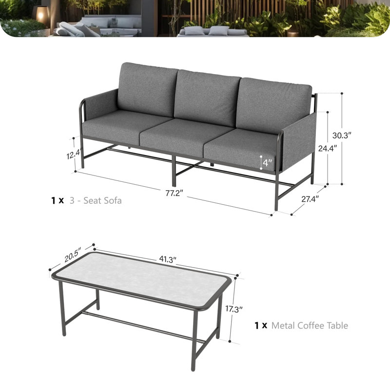 Gray PVC-coated polyester Folding 3-seat Sofa With Coffee Table
