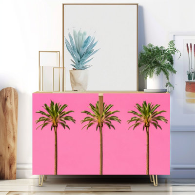 Buffet étroit de 35,4 po de largeur - armoire de rangement d'appoint à 2 portes avec trois grands palmiers contre imprimé ciel rose pastel et pieds en métal