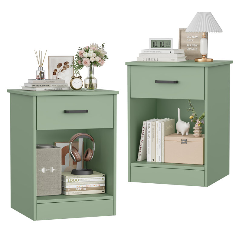 Table de chevet en bois avec tiroir Ignacio H 23,6 po, Ensemble de 2, Vert sauge