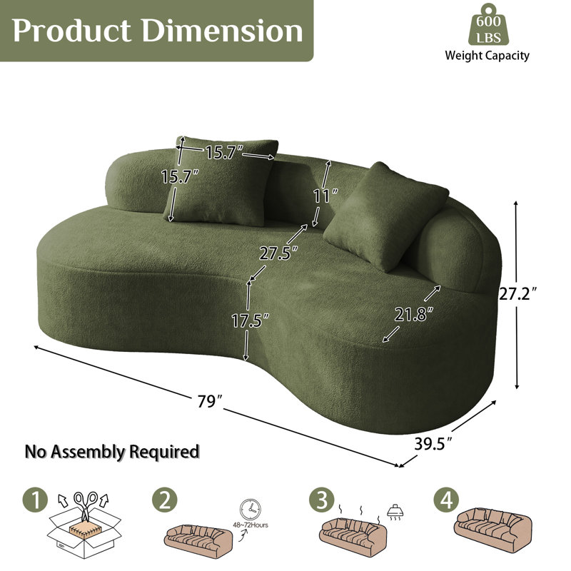 Canapé de 79 po à assise profonde en chenille de 79 po avec coussins décoratifs, Vert