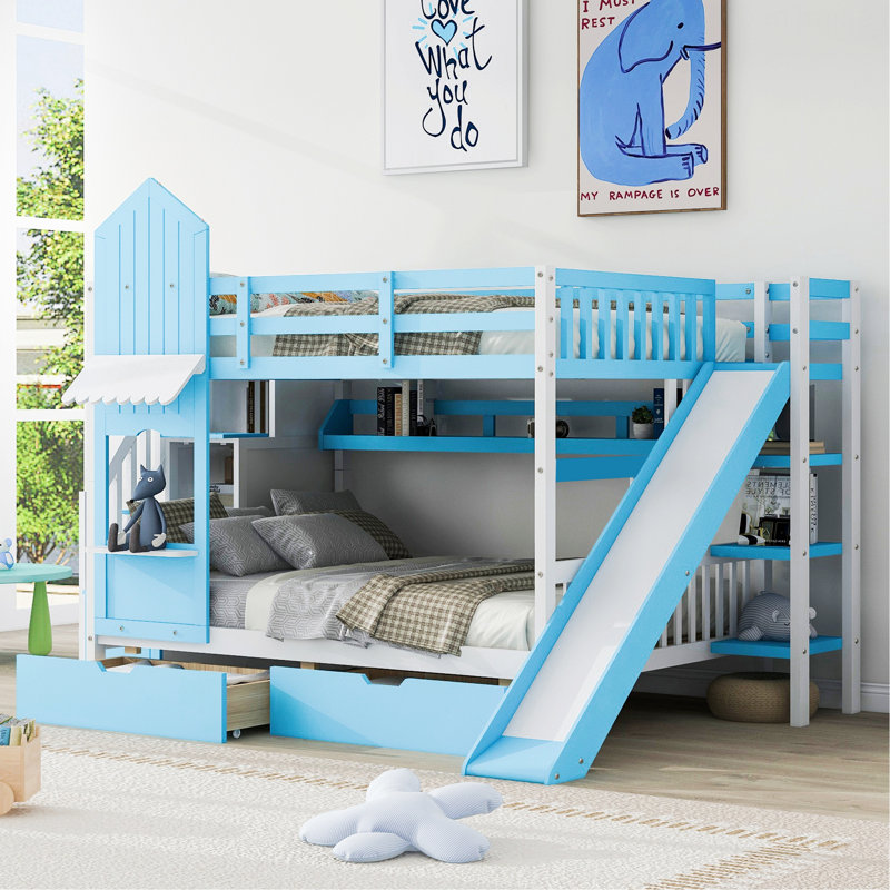 Cadre de lit, lit superposé de style château avec 2 tiroirs et 3 tablettes et une glissoire, Blue/White