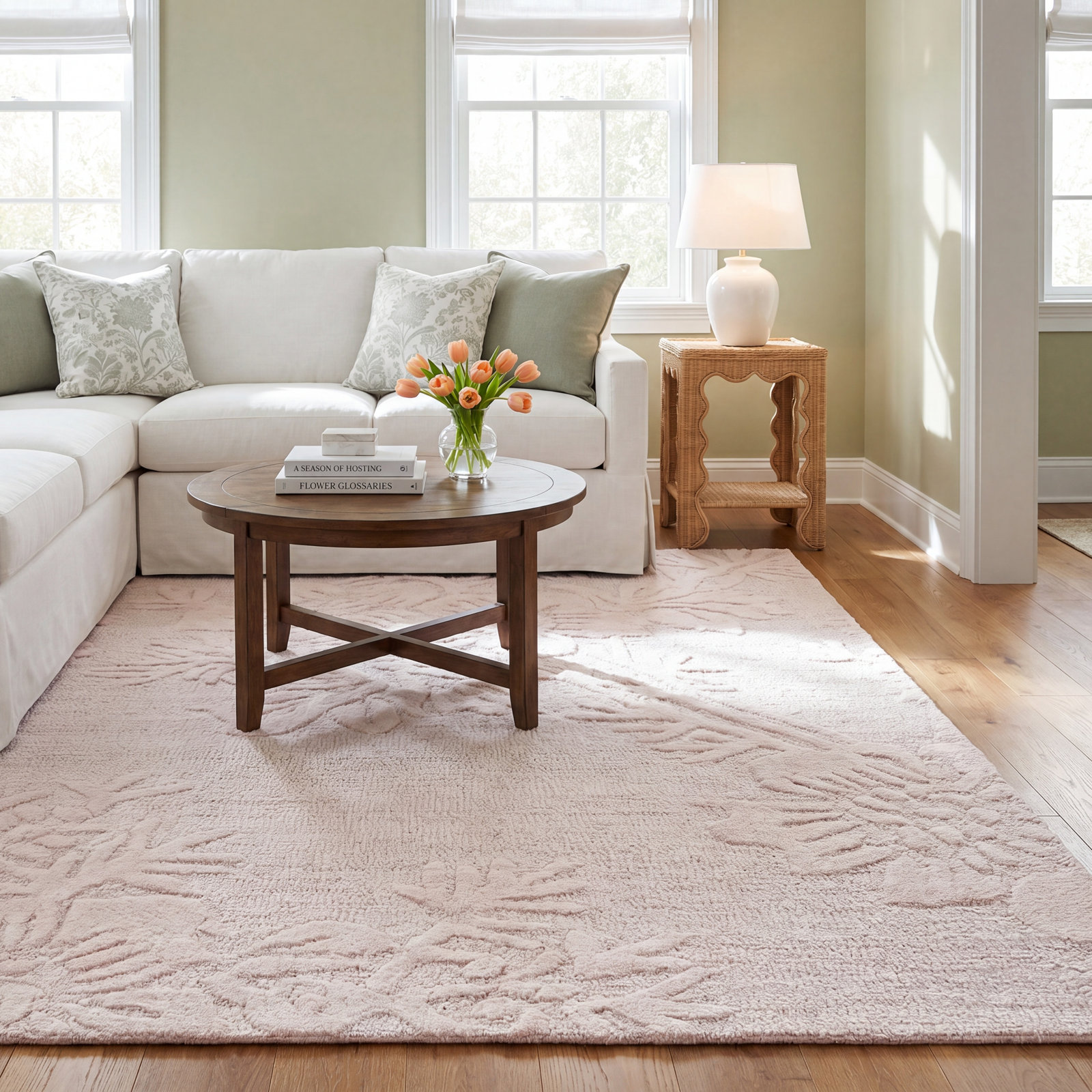Light Pink Hand-Tufted Floral Wool Rug, Rectangle 4' x 6'