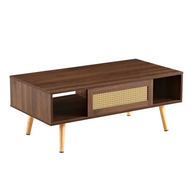 PE Rattan Coffee table, Sliding Door for Storage, Solid Wood Legs, Modern Table for Living Room , Walnut Color