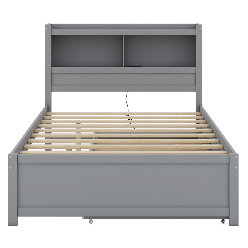 Lit plateforme avec lit gigogne, tiroirs et prises USB, Gris