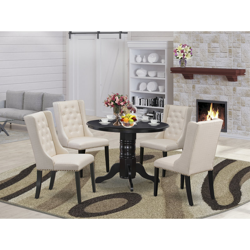 5 Piece Kitchen Table Set for 4 Includes a Round Dining Room Table with Pedestal and 4 Cream Linen Fabric Upholstered Chairs, Black