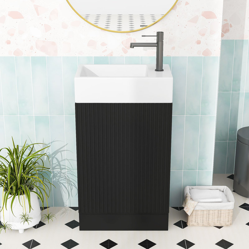 Meuble-lavabo en bois et tablette en céramique, Noir, noir, noir, noir