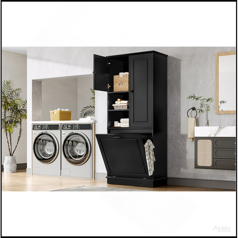 Tall Storage Cabinet With Adjustable Shelves, Large Flip-Out Basket & Enclosed Cabinets – Perfect For Bathroom, Living Room, Or Office, MDF Material With Aluminum Alloy Handles