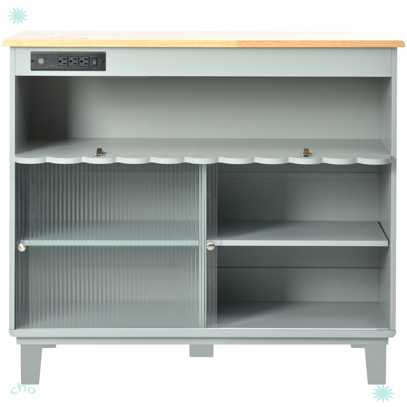 Kitchen Island With Drop Leaf, LED Light Kitchen Cart On Wheels, Gray Blue, Solid + Manufactured Wood