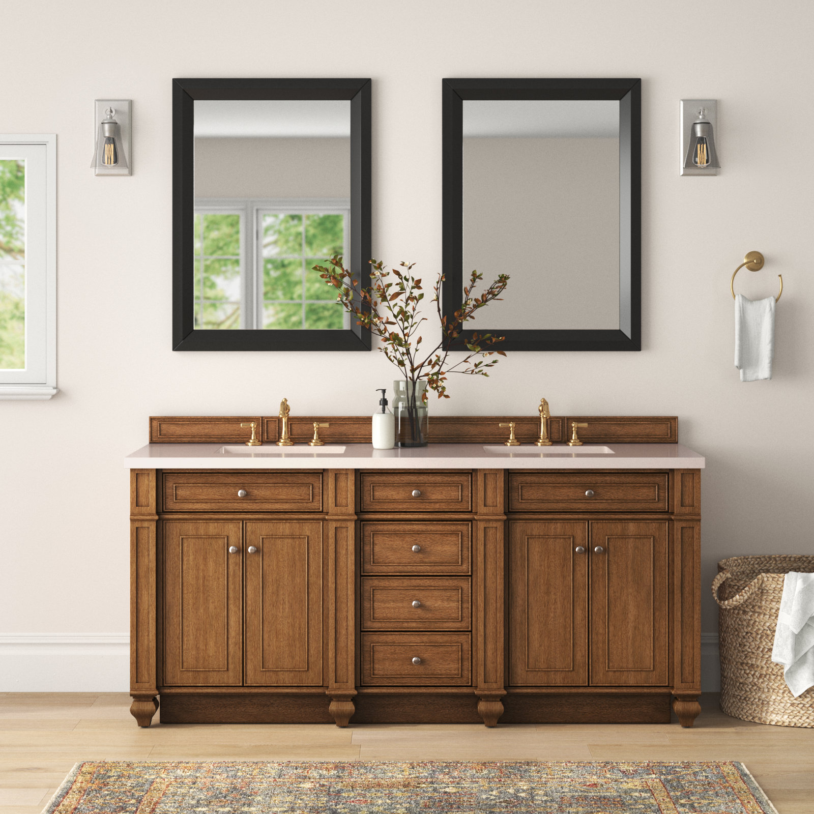 Bristol 72'' W Double Vanity, Carrara White, Saddle Brown, 8" Widespread