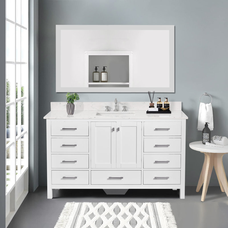 Render 60'' Single Bathroom Vanity With Engineered Stone Top, White, Brushed Nickel