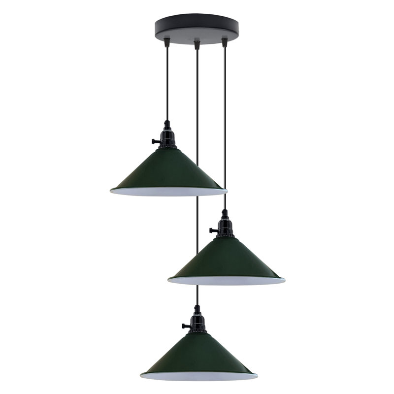 3-Light Cone Pendant Light – Industrial Kitchen Island Ceiling Fixture with Adjustable Height & E27 Bulbs, Green, No