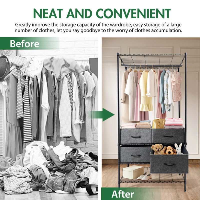 Wire Garment Rack 4 Tiers Heavy Duty Clothes Racks for Hanging Clothes Large Clothing Rack Freestanding Closet with Hanging Rod and 4 Drawers, 35.8'' L X 15.7'' W X 71'' H, Max Load 400LBS, Black