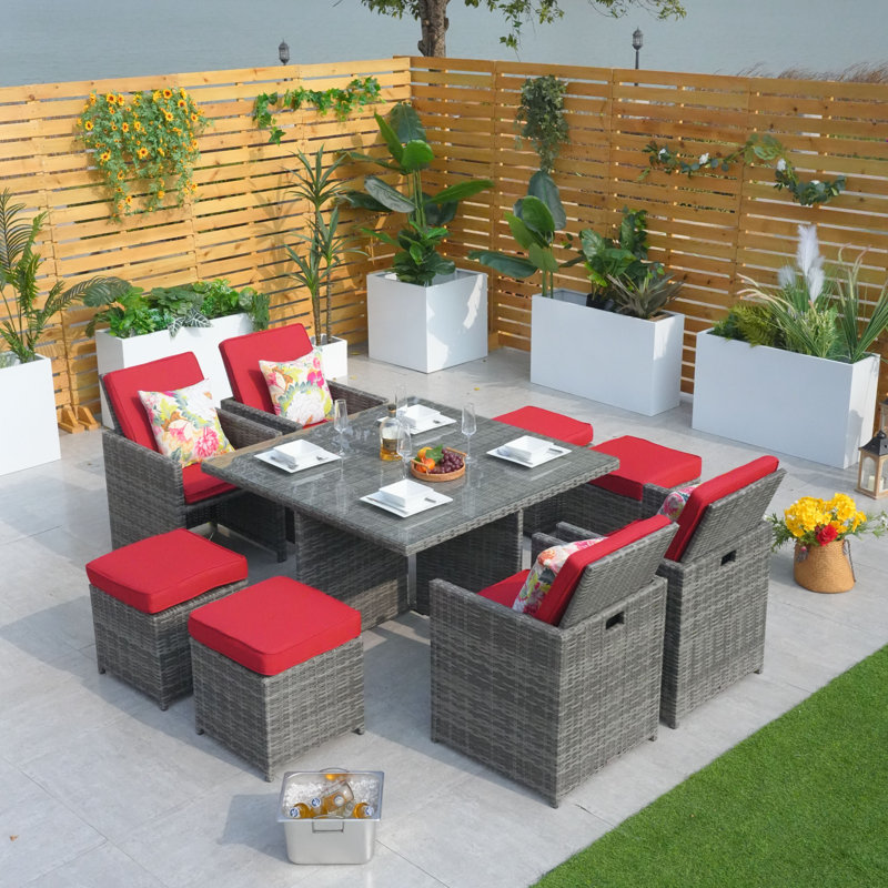 8 - Person Wicker Patio Dining Set with Square Table , Cushions Included, Gray, Red