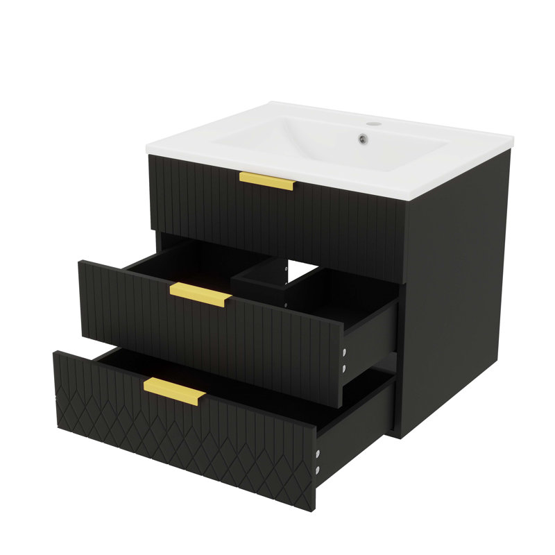Armoire murale suspendue 24 po avec tiroir double, meuble-lavabo rectangulaire flottant avec trou de robinet simple et trop-plein, conception moderne avec lavabo en céramique