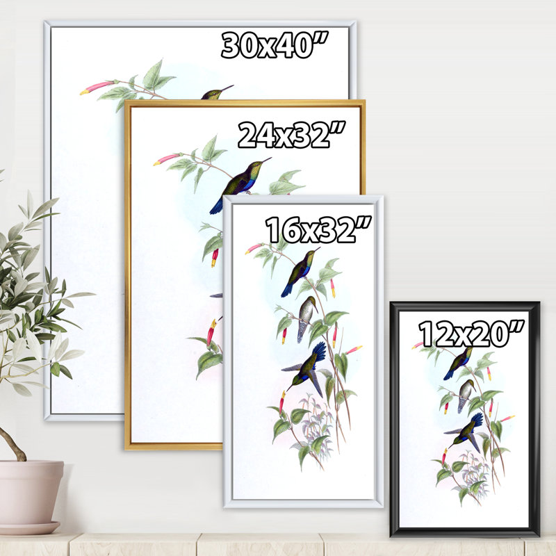 Colibri rétro I - peinture sur toile, H 32 po x l 16 po x P 1 po, Cadre flottant noir
