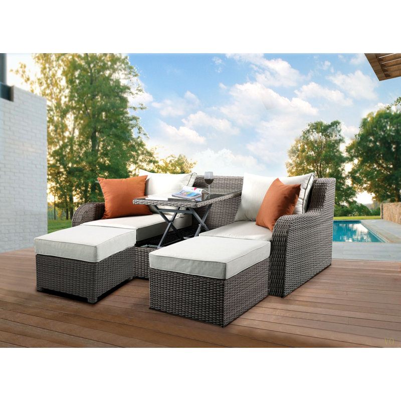 Salena  Fabric &  Wicker Patio Sofa W/2 Pillows & 2 Ottomans