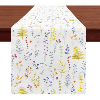 Table Runner - Multicolor, Botanical Flowers & Fern Leaves, Burlap, Spring & Summer Table Décor